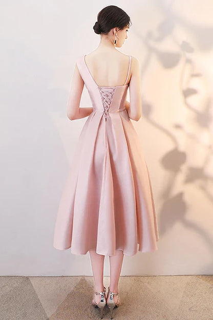 Chic Satin A-Line Asymmetrical Neckline Sleeveless Lace-Up Back Midi Length Homecoming Dresses