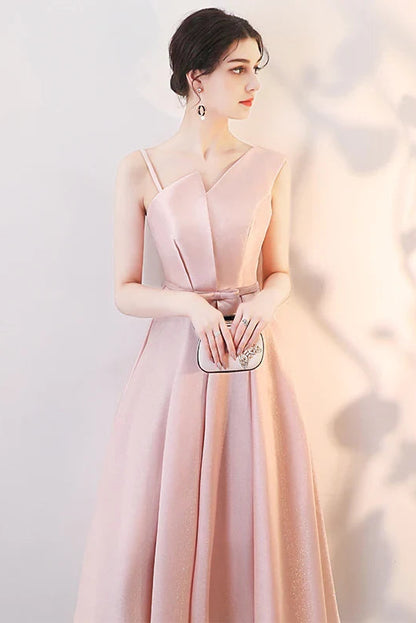Chic Satin A-Line Asymmetrical Neckline Sleeveless Lace-Up Back Midi Length Homecoming Dresses