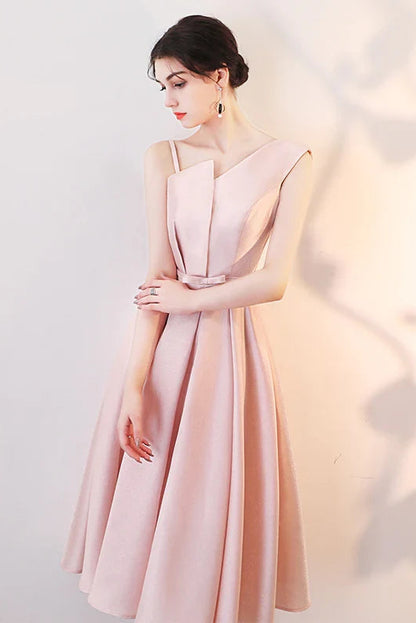 Chic Satin A-Line Asymmetrical Neckline Sleeveless Lace-Up Back Midi Length Homecoming Dresses