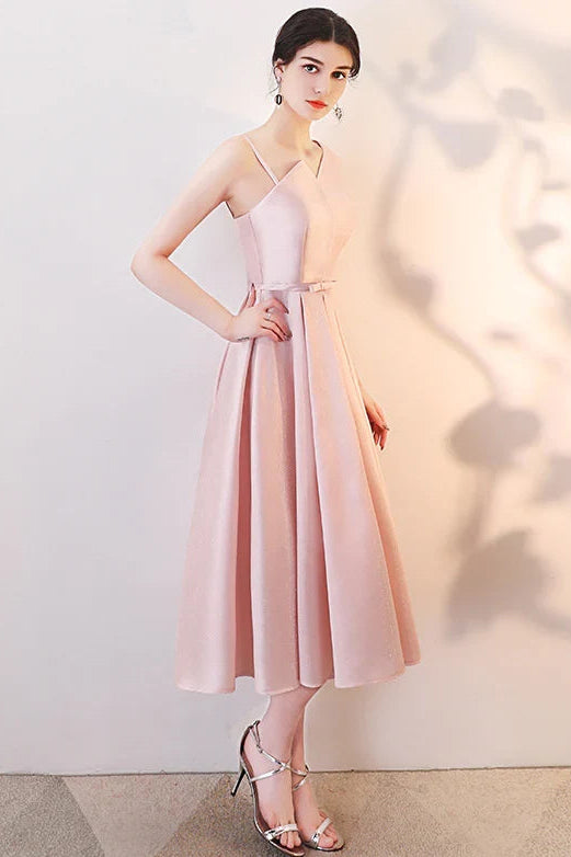 Chic Satin A-Line Asymmetrical Neckline Sleeveless Lace-Up Back Midi Length Homecoming Dresses