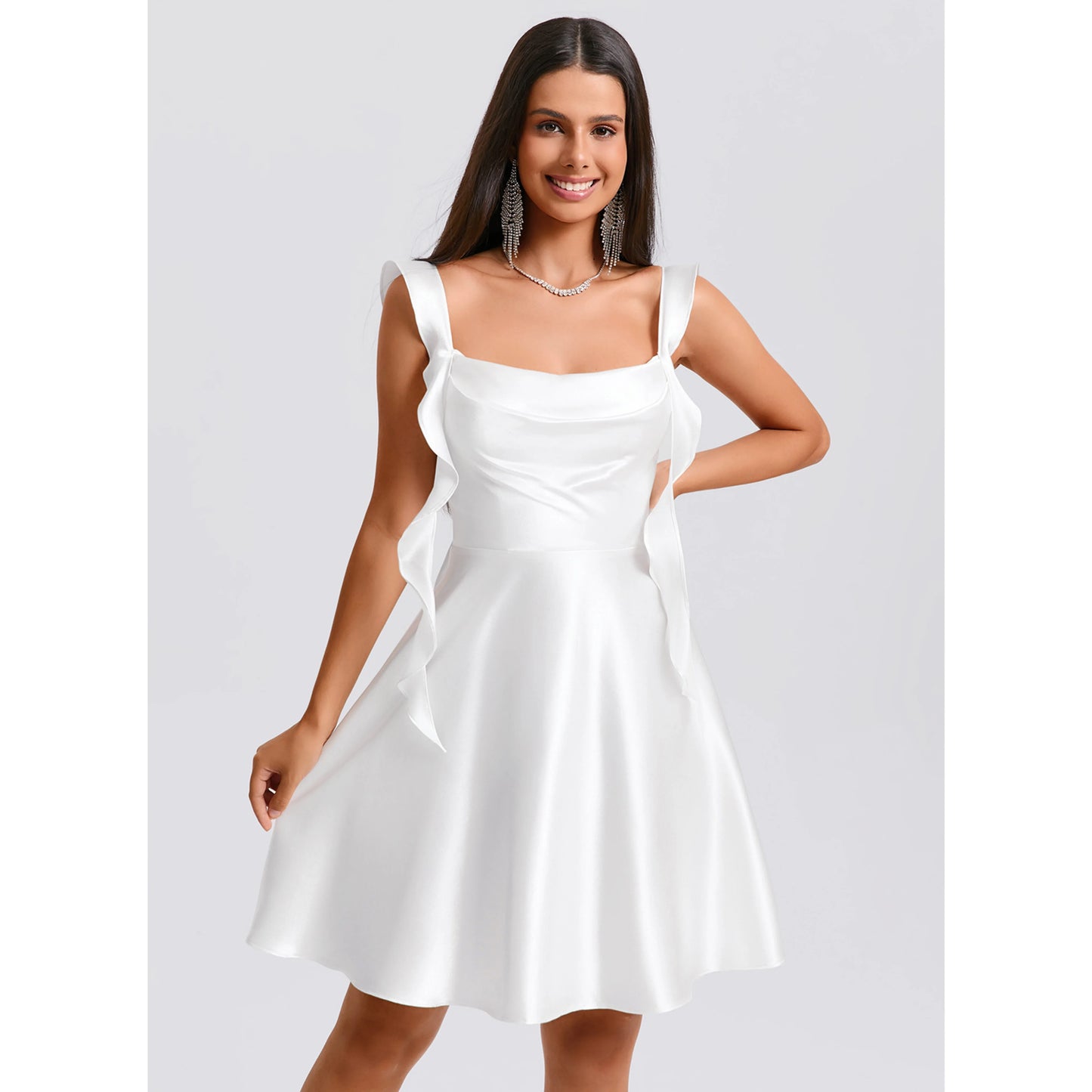 Chic Satin A-Line Cowl Neck Sleeveless Square Back Short Homecoming Dresses