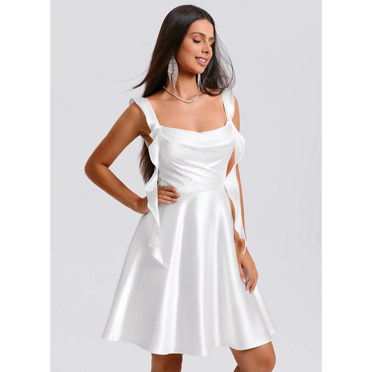 Chic Satin A-Line Cowl Neck Sleeveless Square Back Short Homecoming Dresses