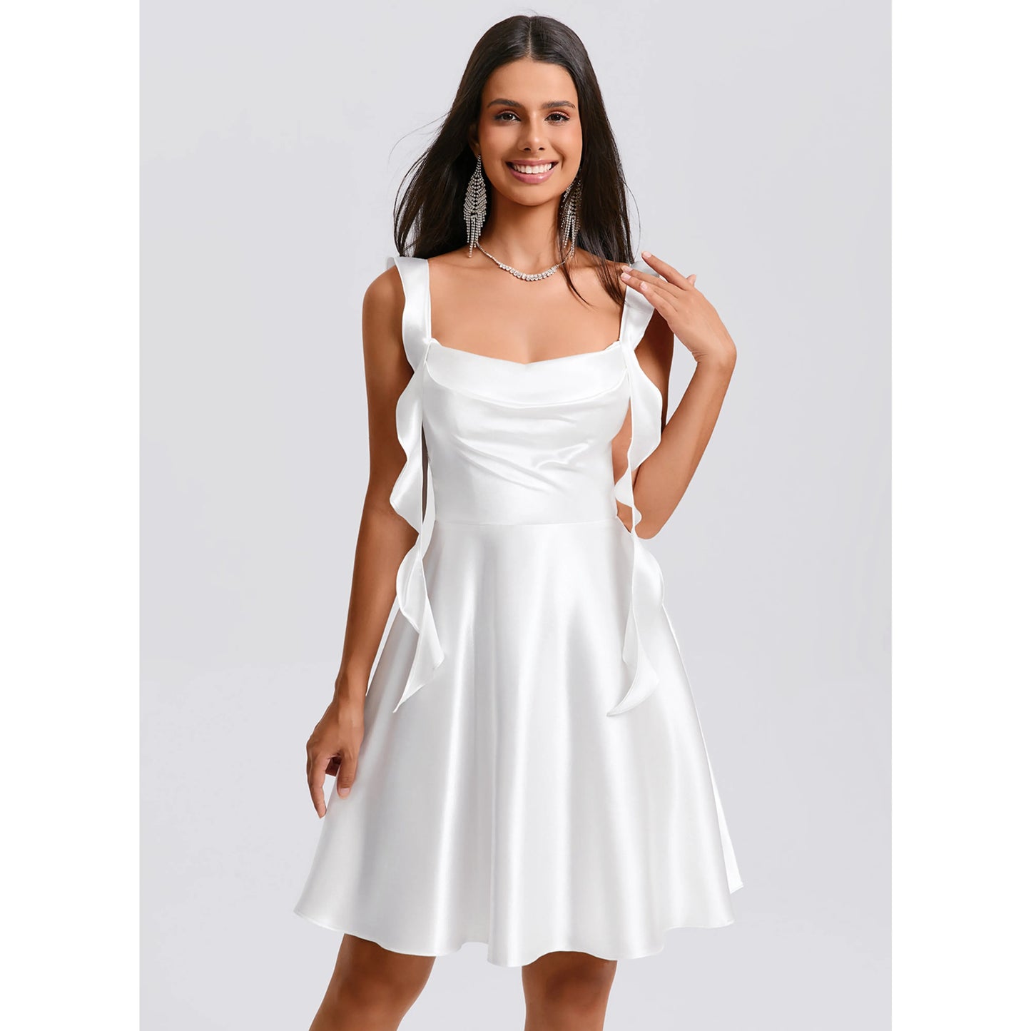Chic Satin A-Line Cowl Neck Sleeveless Square Back Short Homecoming Dresses
