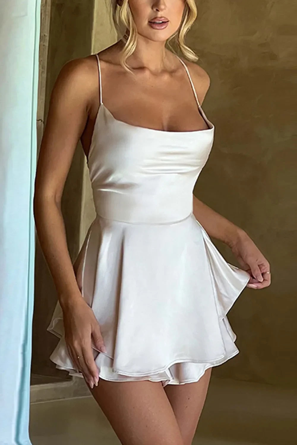 Chic Satin A-Line Cowl Neck Spaghetti Strap Lace-Up Back Mini Homecoming Dresses