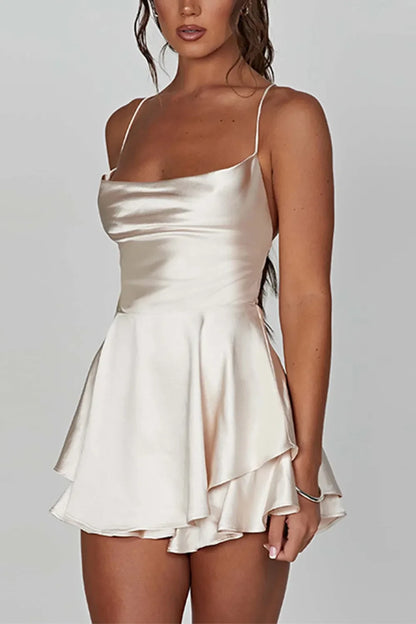 Chic Satin A-Line Cowl Neck Spaghetti Strap Lace-Up Back Mini Homecoming Dresses