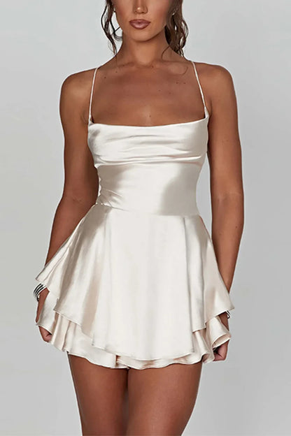 Chic Satin A-Line Cowl Neck Spaghetti Strap Lace-Up Back Mini Homecoming Dresses