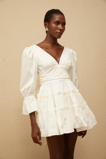 Chic Satin A-Line Deep V-Neck Long Puff Sleeve Open Back Bow Short Homecoming Dresses