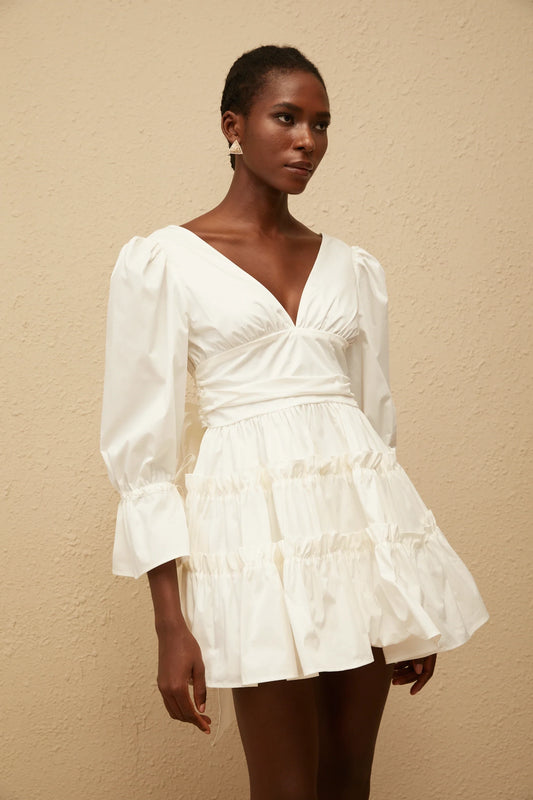 Chic Satin A-Line Deep V-Neck Long Puff Sleeve Open Back Bow Short Homecoming Dresses