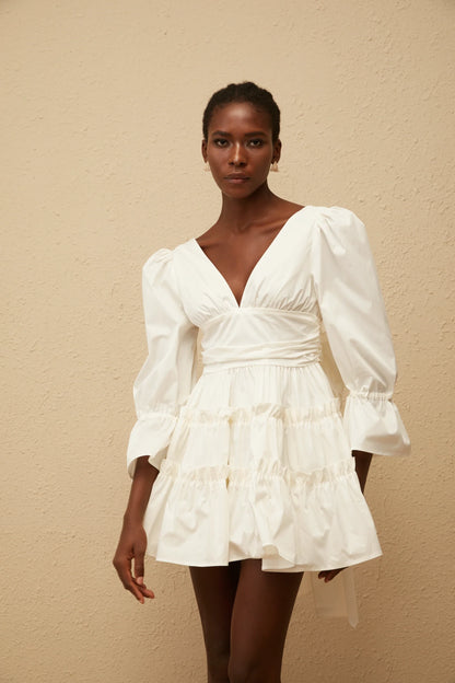 Chic Satin A-Line Deep V-Neck Long Puff Sleeve Open Back Bow Short Homecoming Dresses