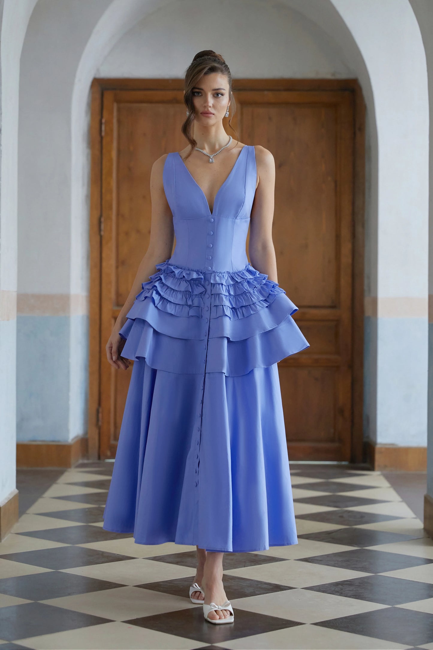 Chic Satin A-Line Deep V-Neck Sleeveless Straight Back Midi Homecoming Dresses