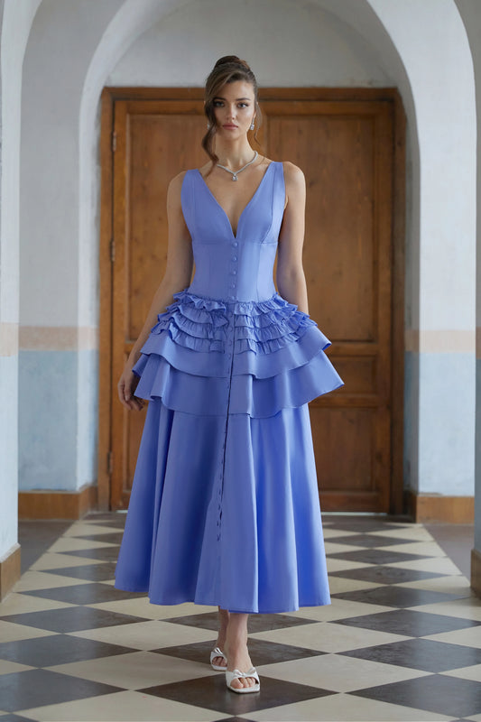 Chic Satin A-Line Deep V-Neck Sleeveless Straight Back Midi Homecoming Dresses