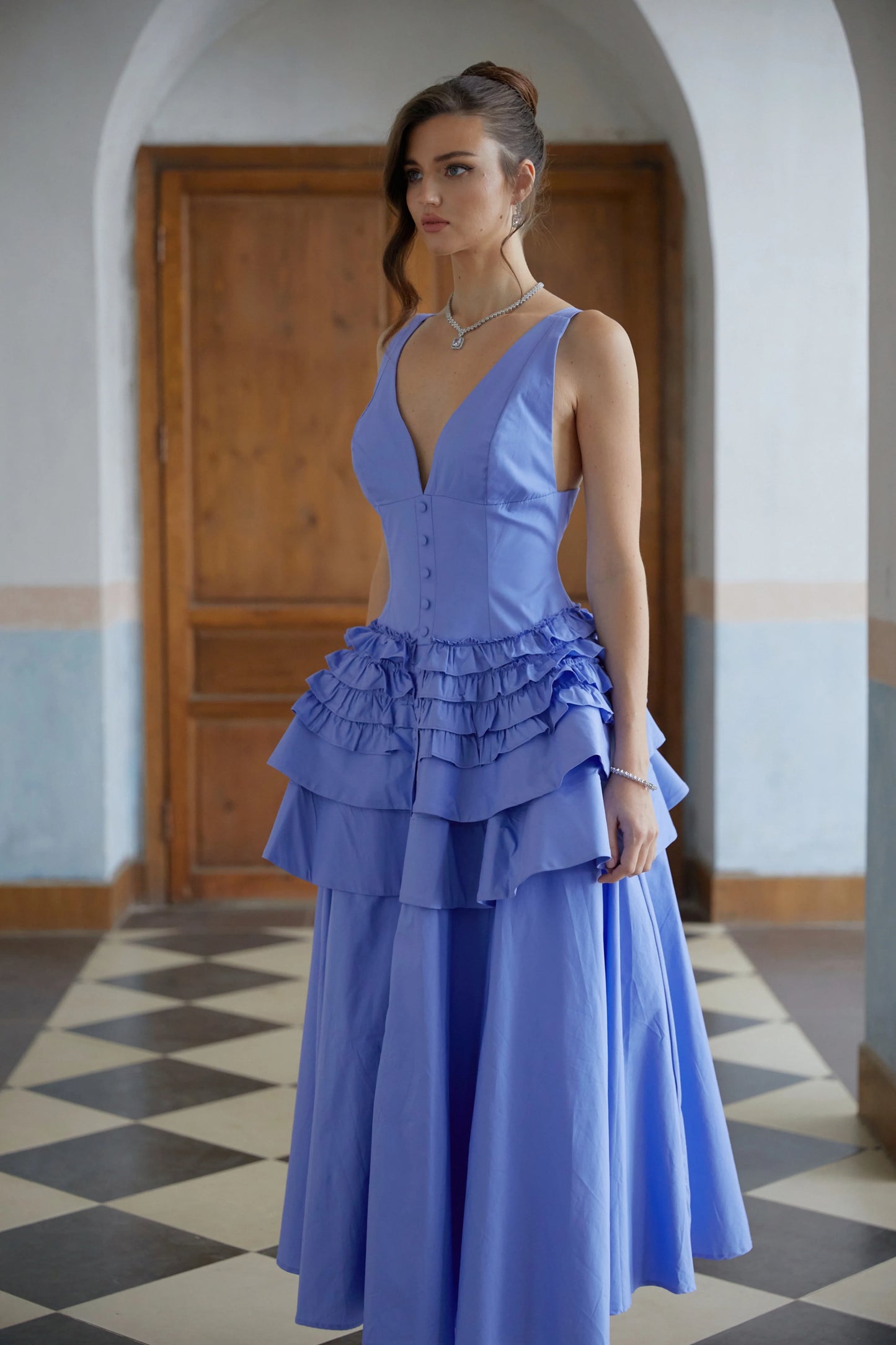Chic Satin A-Line Deep V-Neck Sleeveless Straight Back Midi Homecoming Dresses