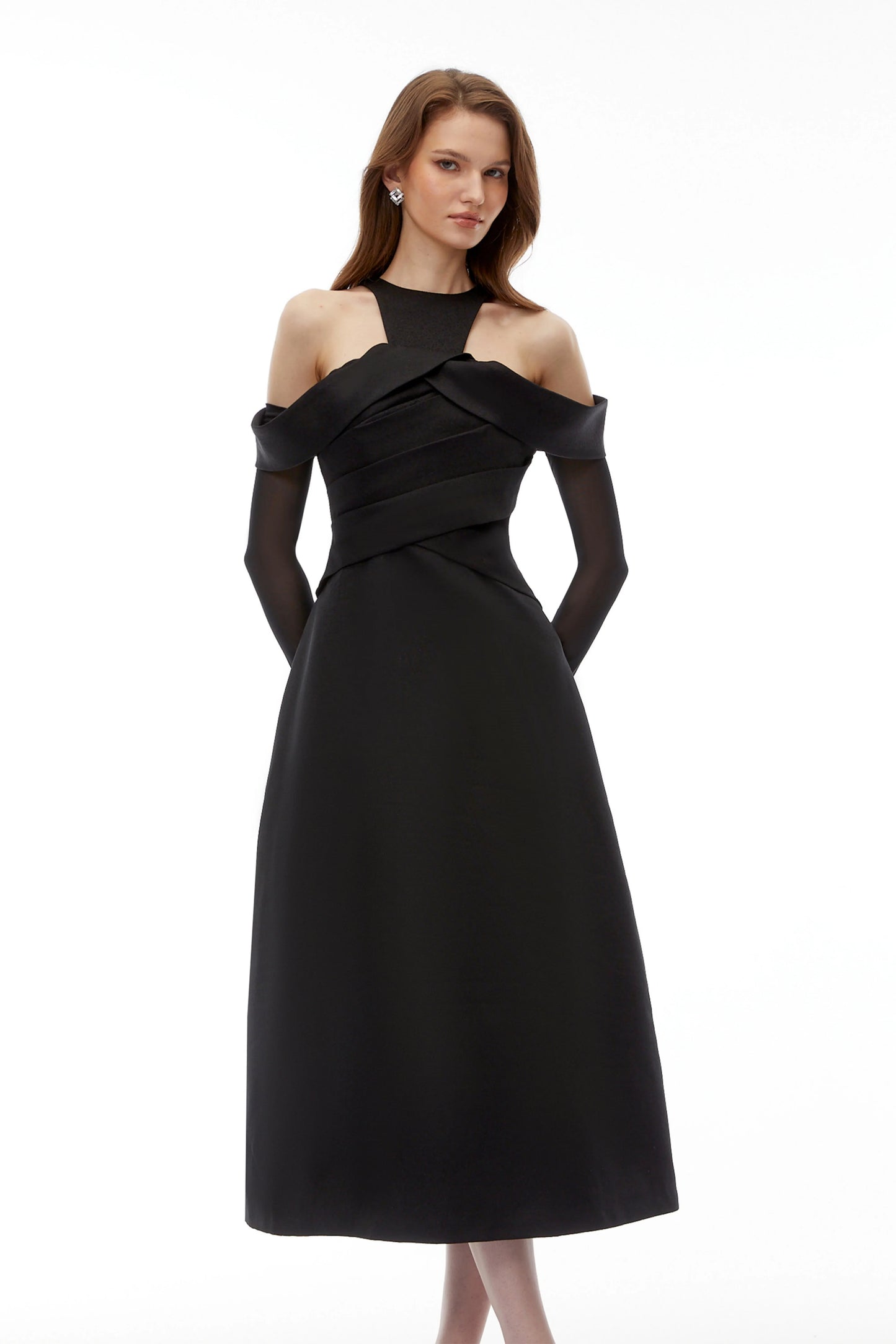 Chic Satin A-Line Halter Cold Shoulder Long Sheer Sleeves High Back Midi Homecoming Dresses