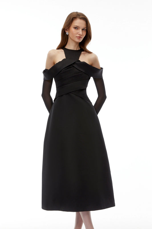 Chic Satin A-Line Halter Cold Shoulder Long Sheer Sleeves High Back Midi Homecoming Dresses
