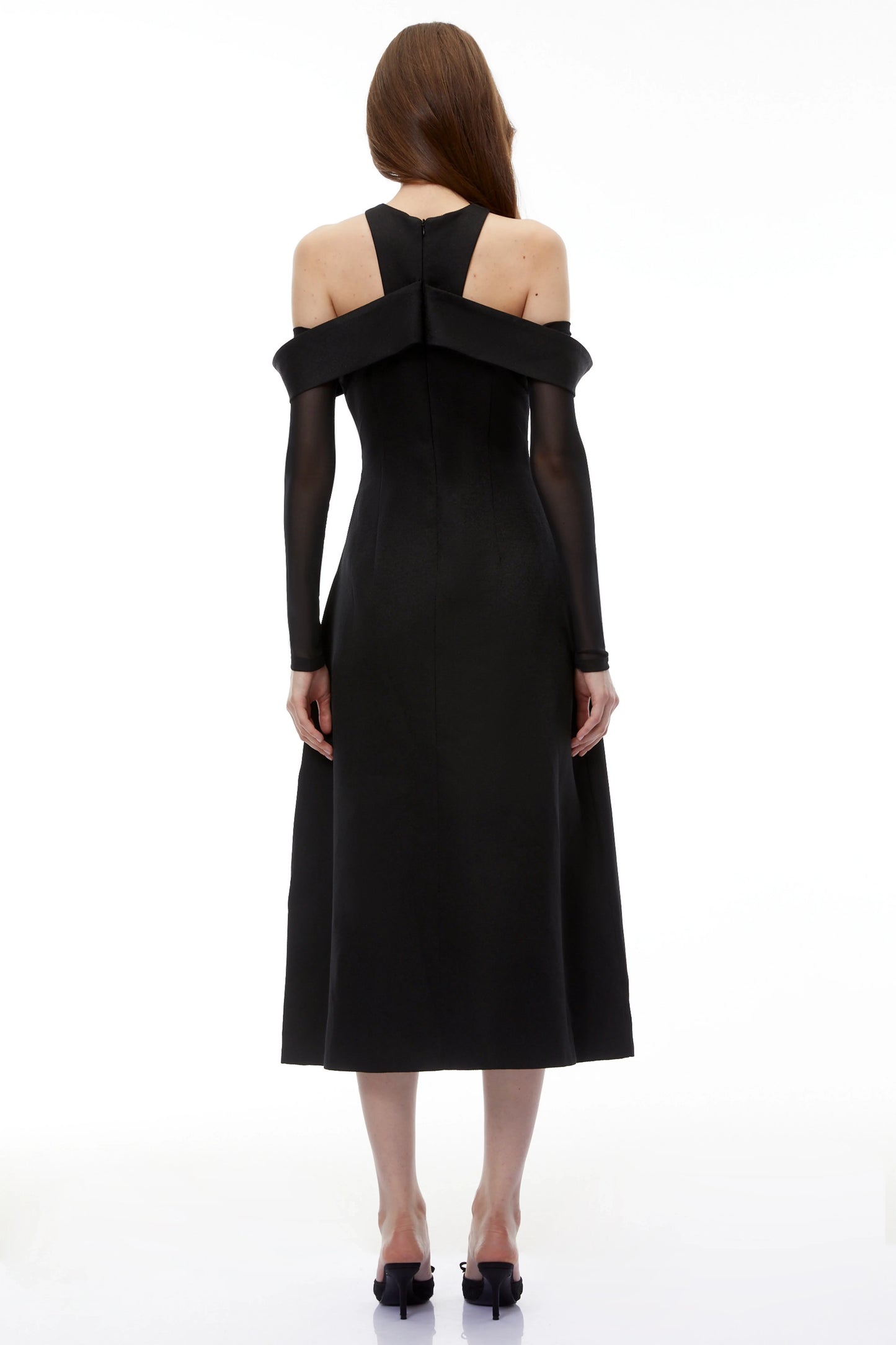 Chic Satin A-Line Halter Cold Shoulder Long Sheer Sleeves High Back Midi Homecoming Dresses