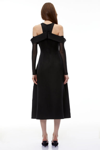 Chic Satin A-Line Halter Cold Shoulder Long Sheer Sleeves High Back Midi Homecoming Dresses