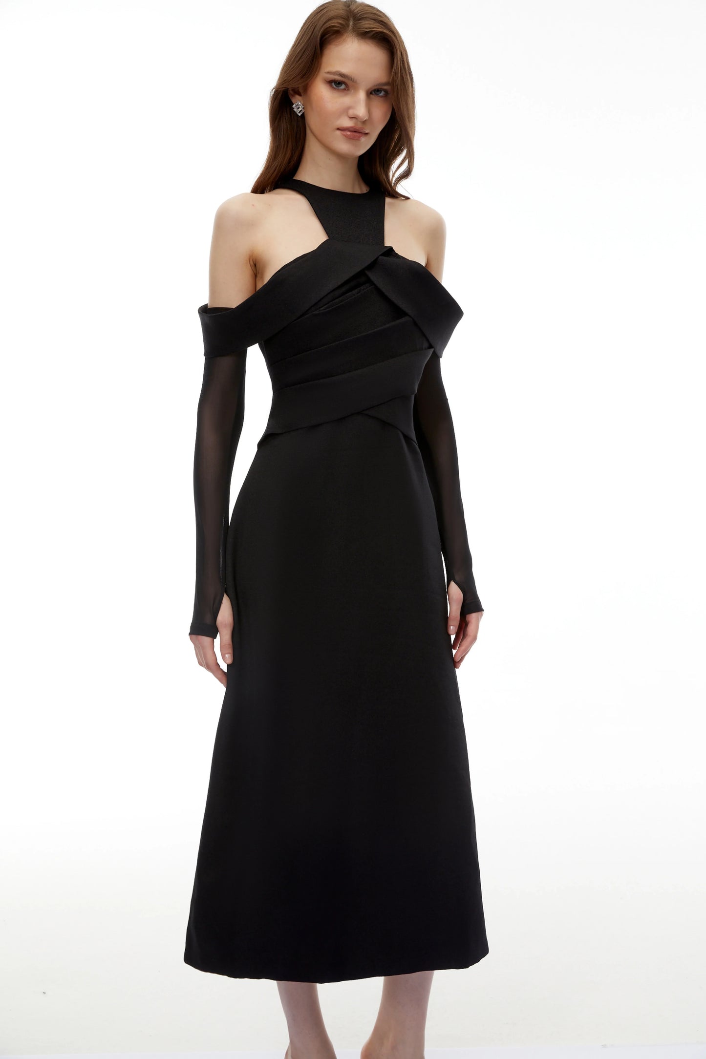 Chic Satin A-Line Halter Cold Shoulder Long Sheer Sleeves High Back Midi Homecoming Dresses