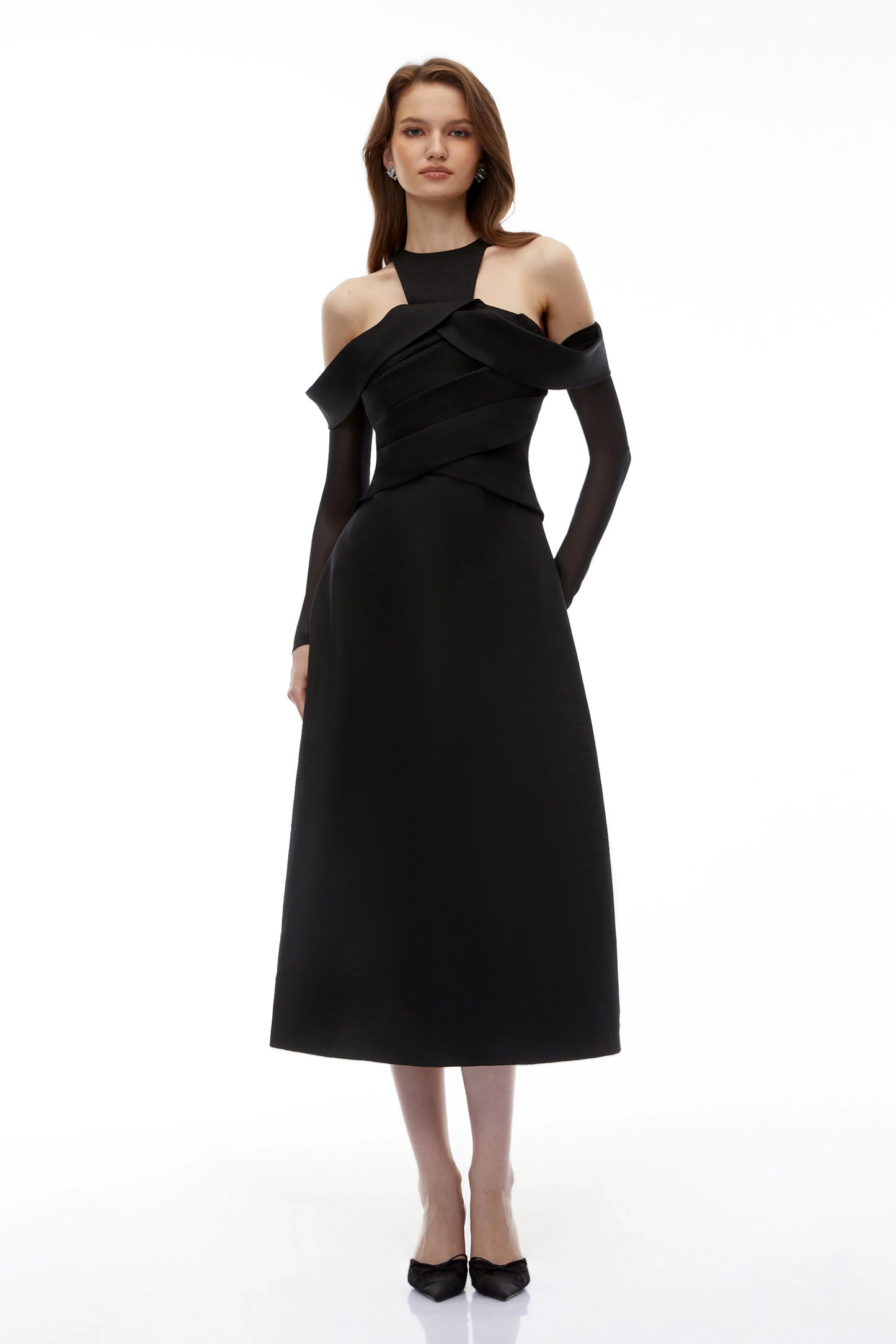 Chic Satin A-Line Halter Cold Shoulder Long Sheer Sleeves High Back Midi Homecoming Dresses