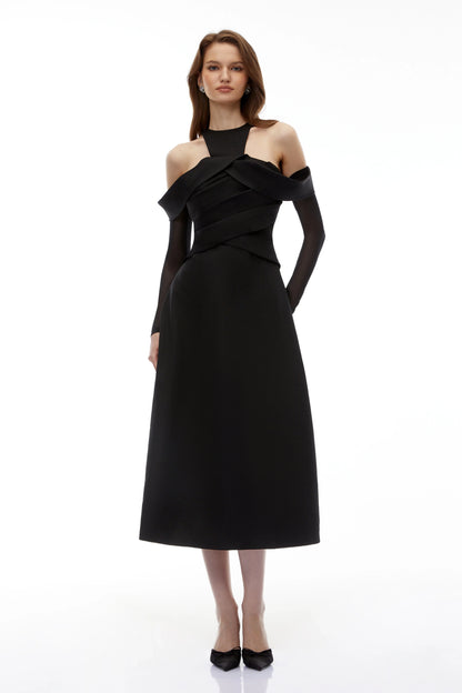 Chic Satin A-Line Halter Cold Shoulder Long Sheer Sleeves High Back Midi Homecoming Dresses