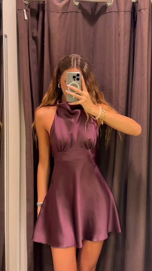 Chic Satin A-Line Halter Neck Sleeveless Open Back Short Homecoming Dresses