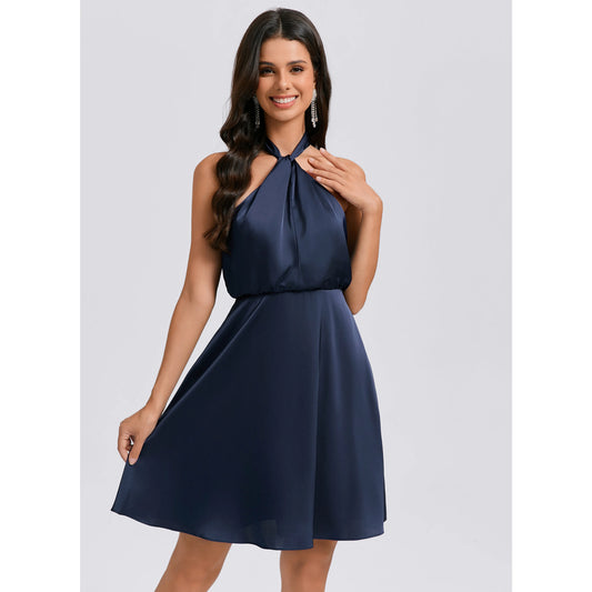 Chic Satin A-Line Halter Neck Sleeveless Open Back Short Homecoming Dresses