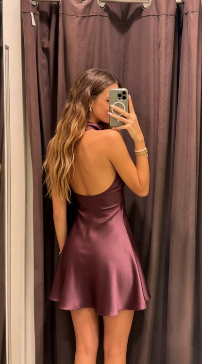 Chic Satin A-Line Halter Neck Sleeveless Open Back Short Homecoming Dresses
