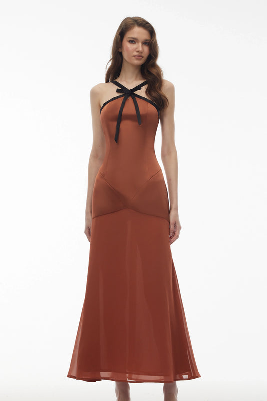 Chic Satin A-Line Halterneck Strappy Back Maxi Evening Dress