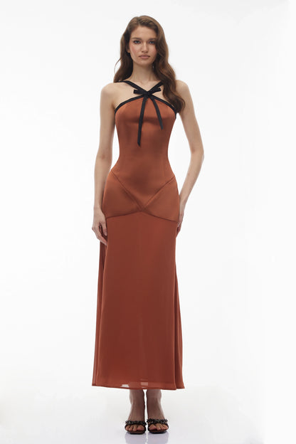 Chic Satin A-Line Halterneck Sleeveless Strappy Back Maxi Evening Dresses