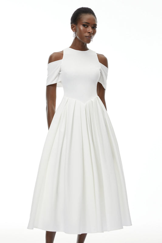 Chic Satin A-Line High Neck Cold Shoulder Bow Tie Back White Midi Evening Dress