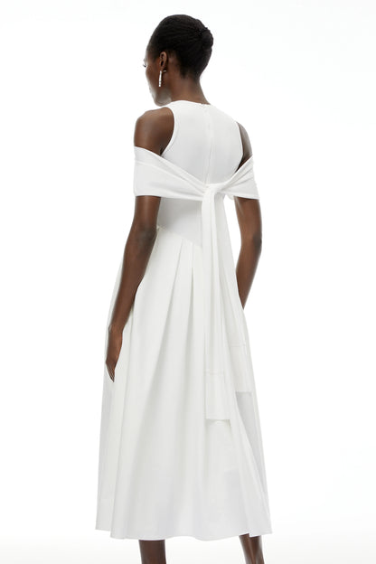 Chic Satin A-Line High Neck Cold Shoulder Short Sleeves Bow Tie Back Midi Evening Dresses