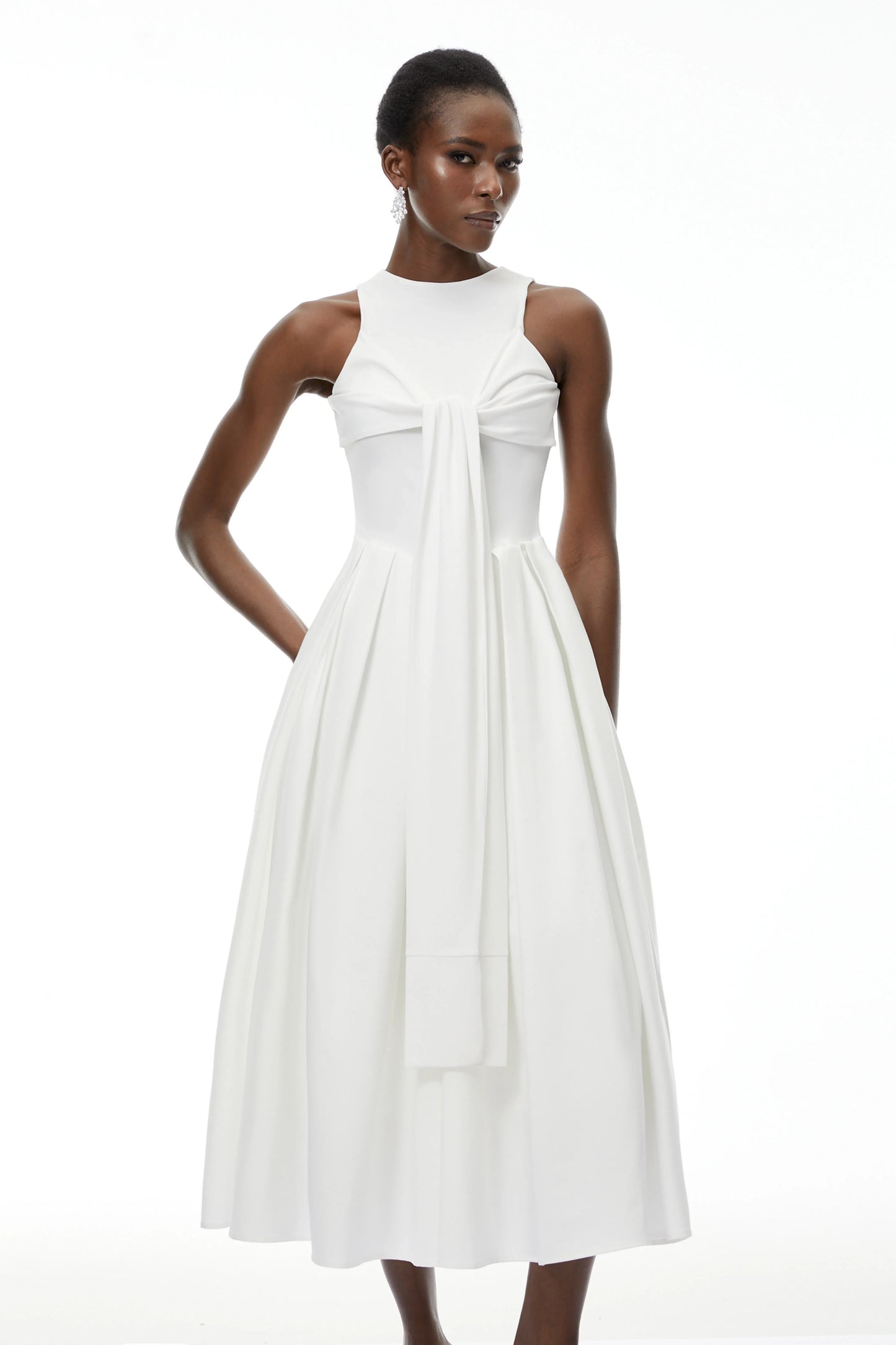 Chic Satin A-Line High Neck Cold Shoulder Short Sleeves Bow Tie Back Midi Evening Dresses