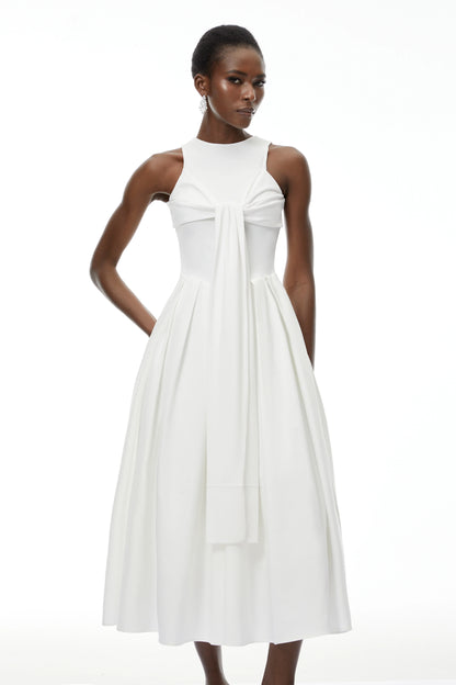 Chic Satin A-Line High Neck Cold Shoulder Short Sleeves Bow Tie Back Midi Evening Dresses