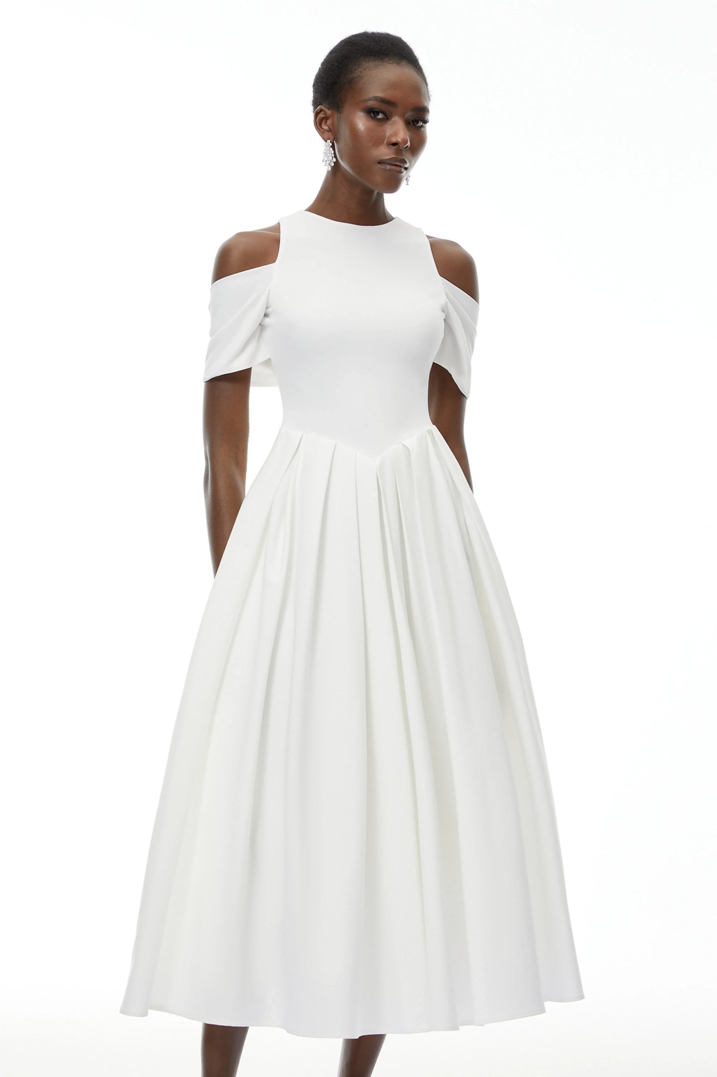 Chic Satin A-Line High Neck Cold Shoulder Short Sleeves Bow Tie Back Midi Evening Dresses