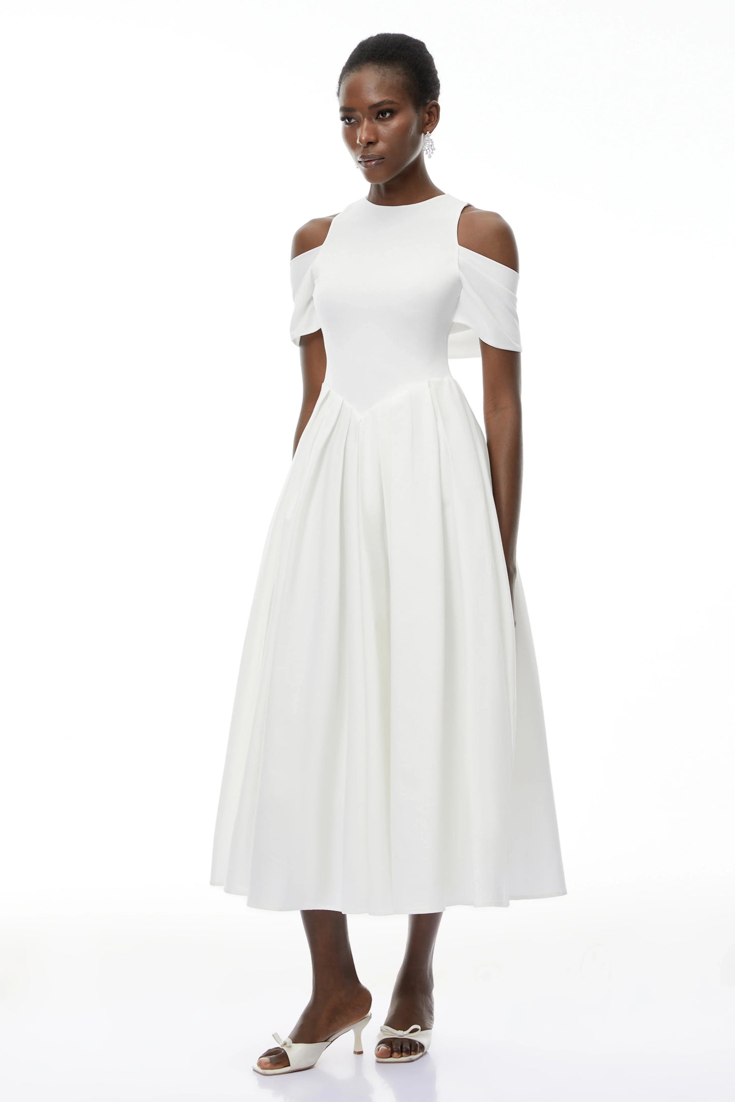 Chic Satin A-Line High Neck Cold Shoulder Short Sleeves Bow Tie Back Midi Evening Dresses