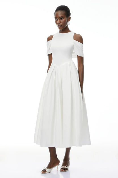 Chic Satin A-Line High Neck Cold Shoulder Short Sleeves Bow Tie Back Midi Evening Dresses
