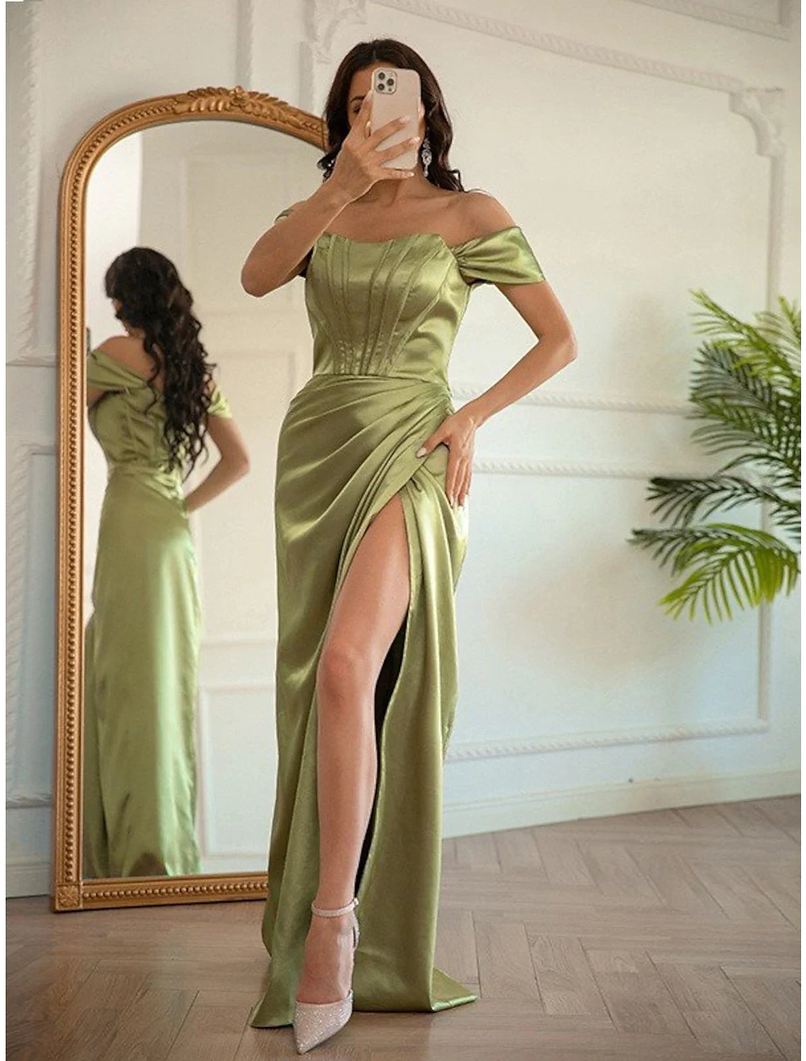 Chic Satin A-Line High Slit Off-Shoulder Short Sleeves Lace-Up Back Floor-Length Prom Dresses