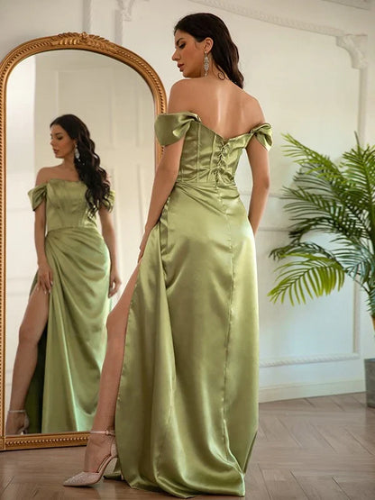 Chic Satin A-Line High Slit Off-Shoulder Short Sleeves Lace-Up Back Floor-Length Prom Dresses