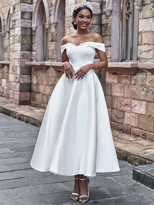 Chic Satin A-Line Off-Shoulder Sweetheart Cap Sleeve Midi Wedding Dress