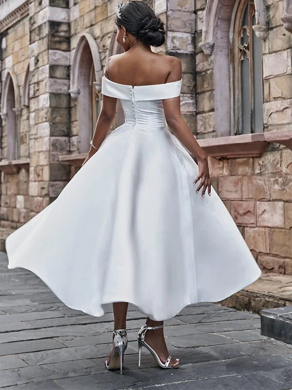 Chic Satin A-Line Off-Shoulder Sweetheart Cap Sleeve Midi Wedding Dress