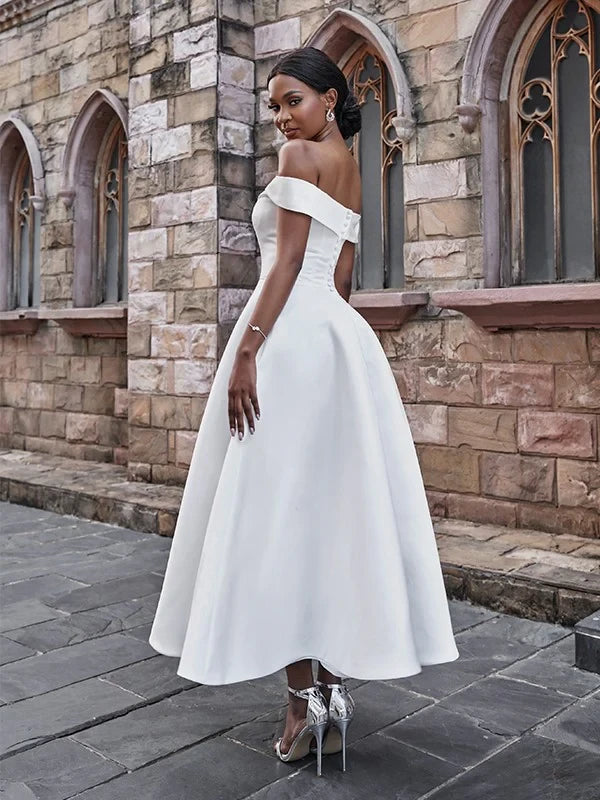 Chic Satin A-Line Off-Shoulder Sweetheart Cap Sleeve Midi Wedding Dress