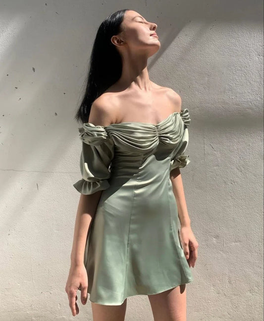 Chic Satin A-Line Off-Shoulder Sweetheart Puffy Ruffled Short Sleeves Lace-Up Corset Back Mini Homecoming Dresses
