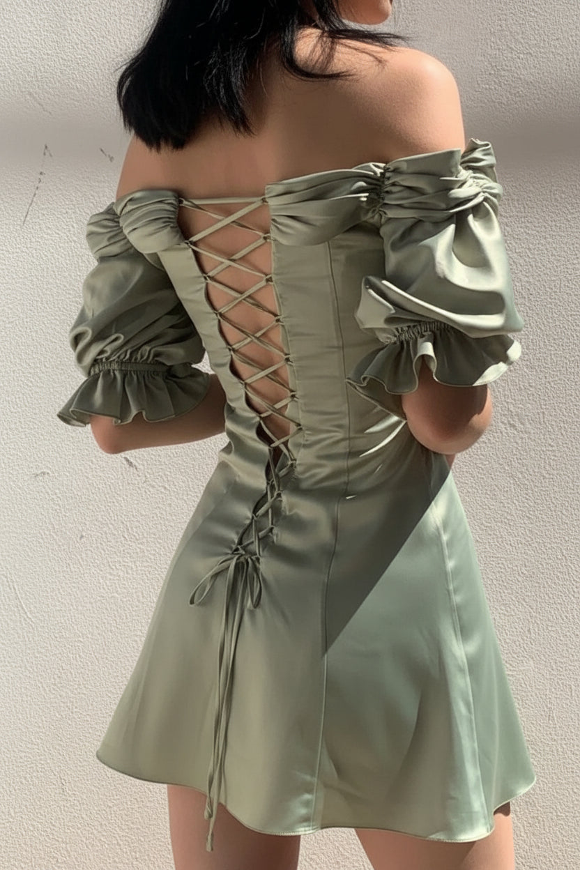 Chic Satin A-Line Off-Shoulder Sweetheart Puffy Ruffled Short Sleeves Lace-Up Corset Back Mini Homecoming Dresses