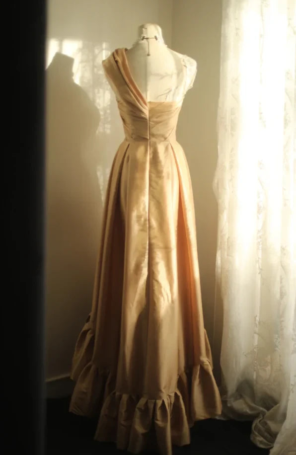 Chic Satin A-Line One Shoulder Sleeveless V-Back High-Low Prom Dresses