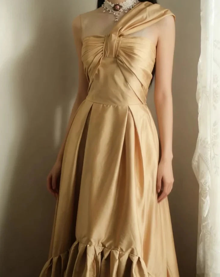 Chic Satin A-Line One Shoulder Sleeveless V-Back High-Low Prom Dresses