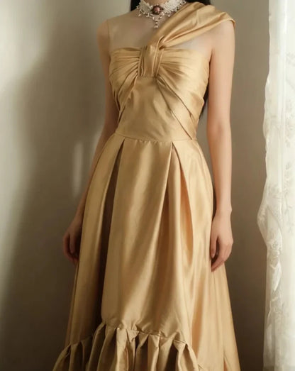 Chic Satin A-Line One Shoulder Sleeveless V-Back High-Low Prom Dresses