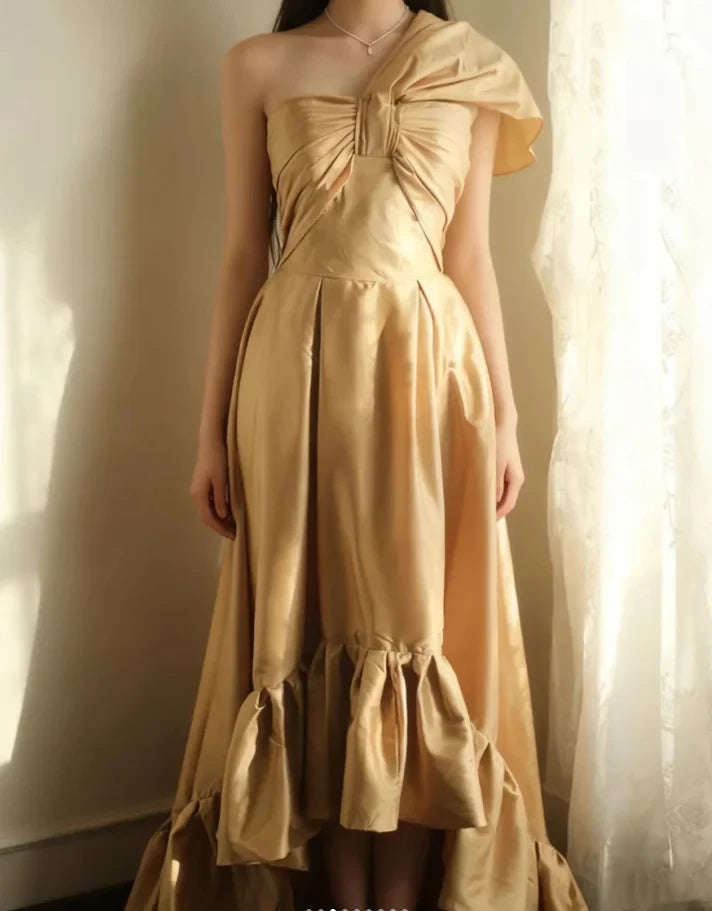 Chic Satin A-Line One Shoulder Sleeveless V-Back High-Low Prom Dresses