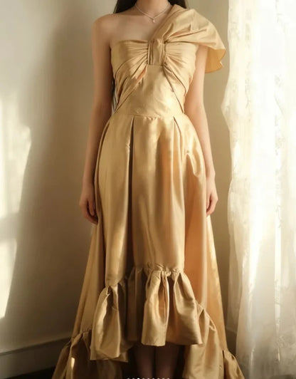 Chic Satin A-Line One Shoulder Sleeveless V-Back High-Low Prom Dresses