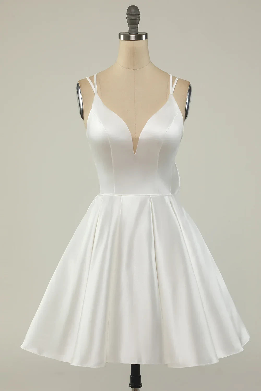 Chic Satin A-Line Plunge V-Neck Double Spaghetti Strap Open Back Bow Short Mini Homecoming Dresses