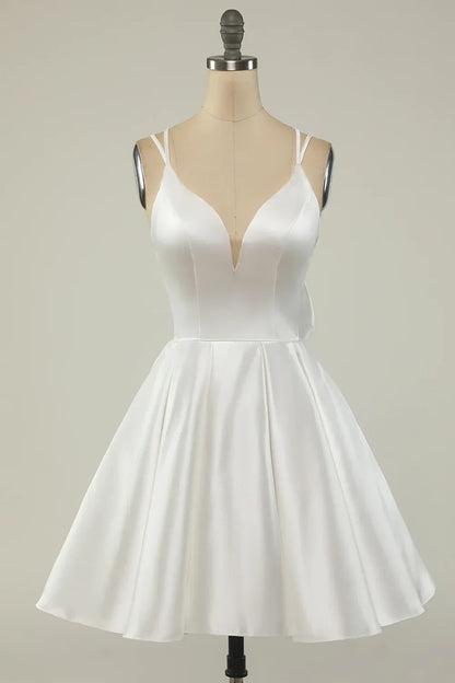 Chic Satin A-Line Plunge V-Neck Double Spaghetti Strap Open Back Bow Short Mini Homecoming Dresses