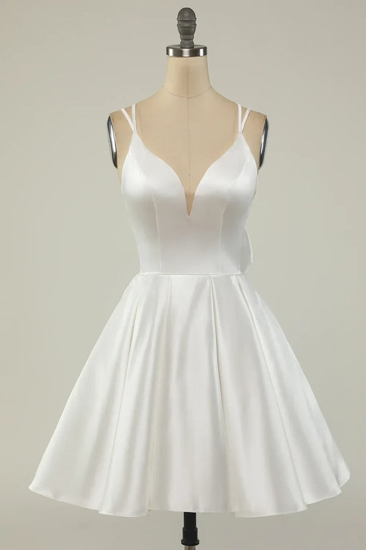 Chic Satin A-Line Plunge V-Neck Double Spaghetti Strap Open Back Bow Short Mini Homecoming Dresses